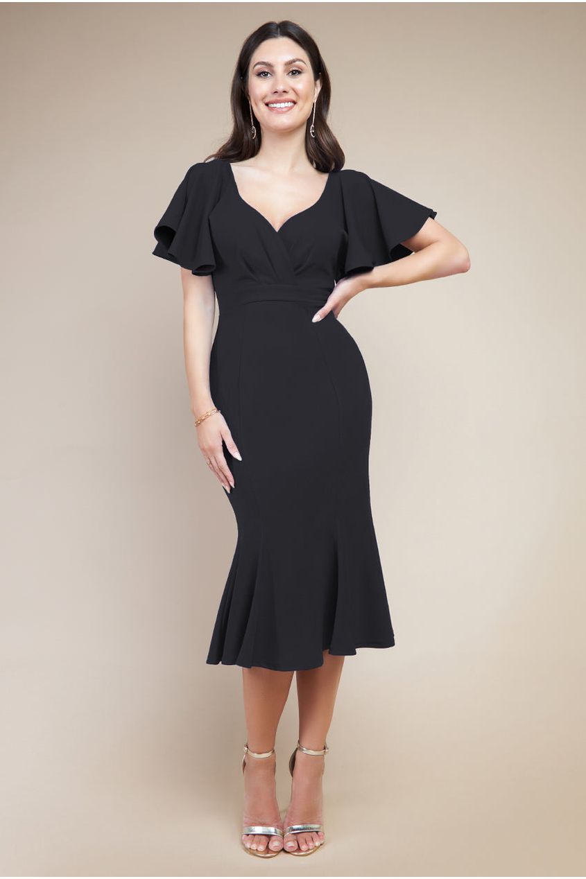 Goddiva Flared Sleeve Front Wrap Midi Dress - Black