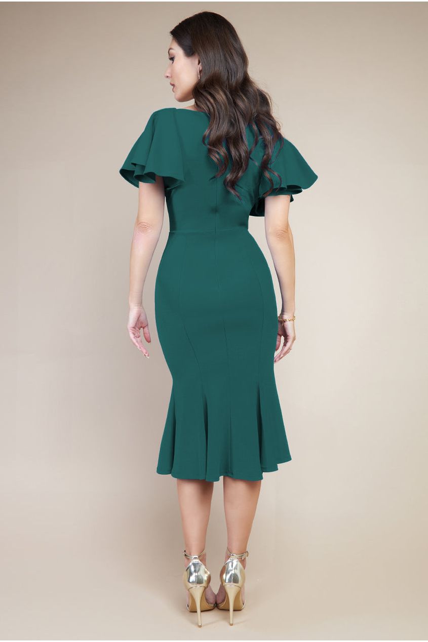 Goddiva Flared Sleeve Front Wrap Midi Dress - Emerald Green