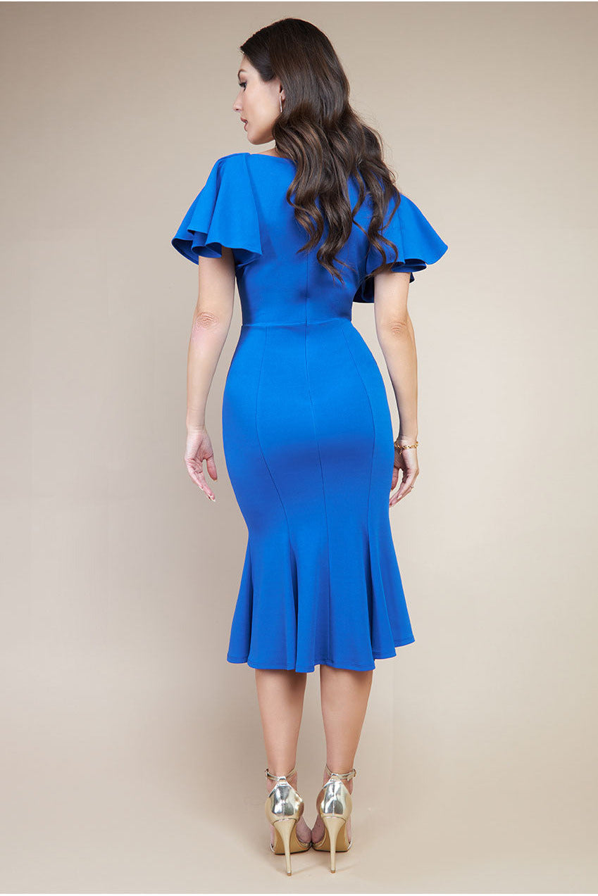 Goddiva Flared Sleeve Front Wrap Midi Dress - Royal Blue