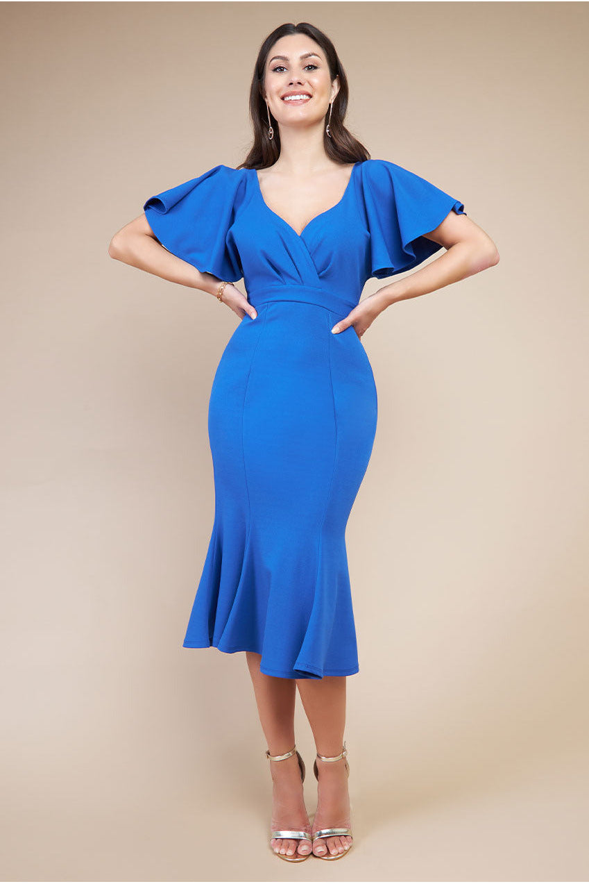 Goddiva Flared Sleeve Front Wrap Midi Dress - Royal Blue
