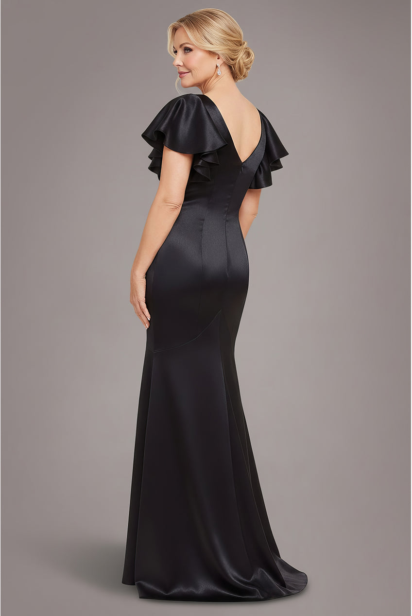 Goddiva Satin Flutter Sleeve Mermaid Maxi - Black