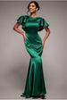 Goddiva Satin Flutter Sleeve Mermaid Maxi - Emerald Green