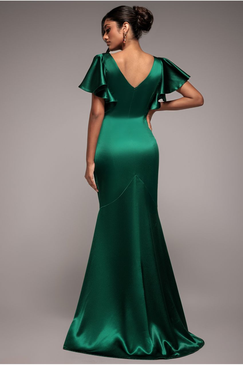 Goddiva Satin Flutter Sleeve Mermaid Maxi - Emerald Green