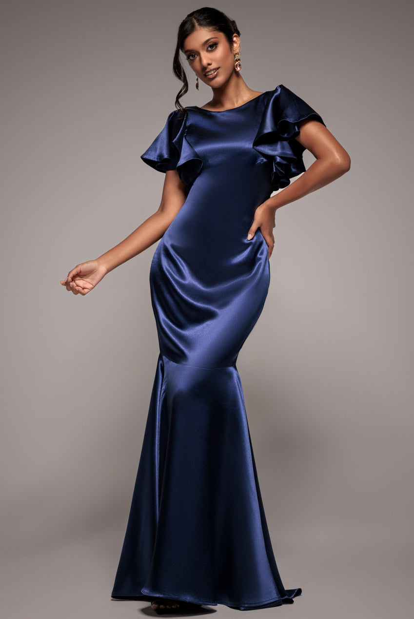 Goddiva Satin Flutter Sleeve Mermaid Maxi - Navy