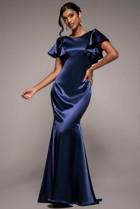 Goddiva Satin Flutter Sleeve Mermaid Maxi - Navy