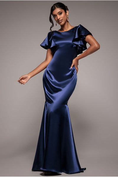 Navy - Goddiva Satin Flutter Sleeve Mermaid Maxi - Navy