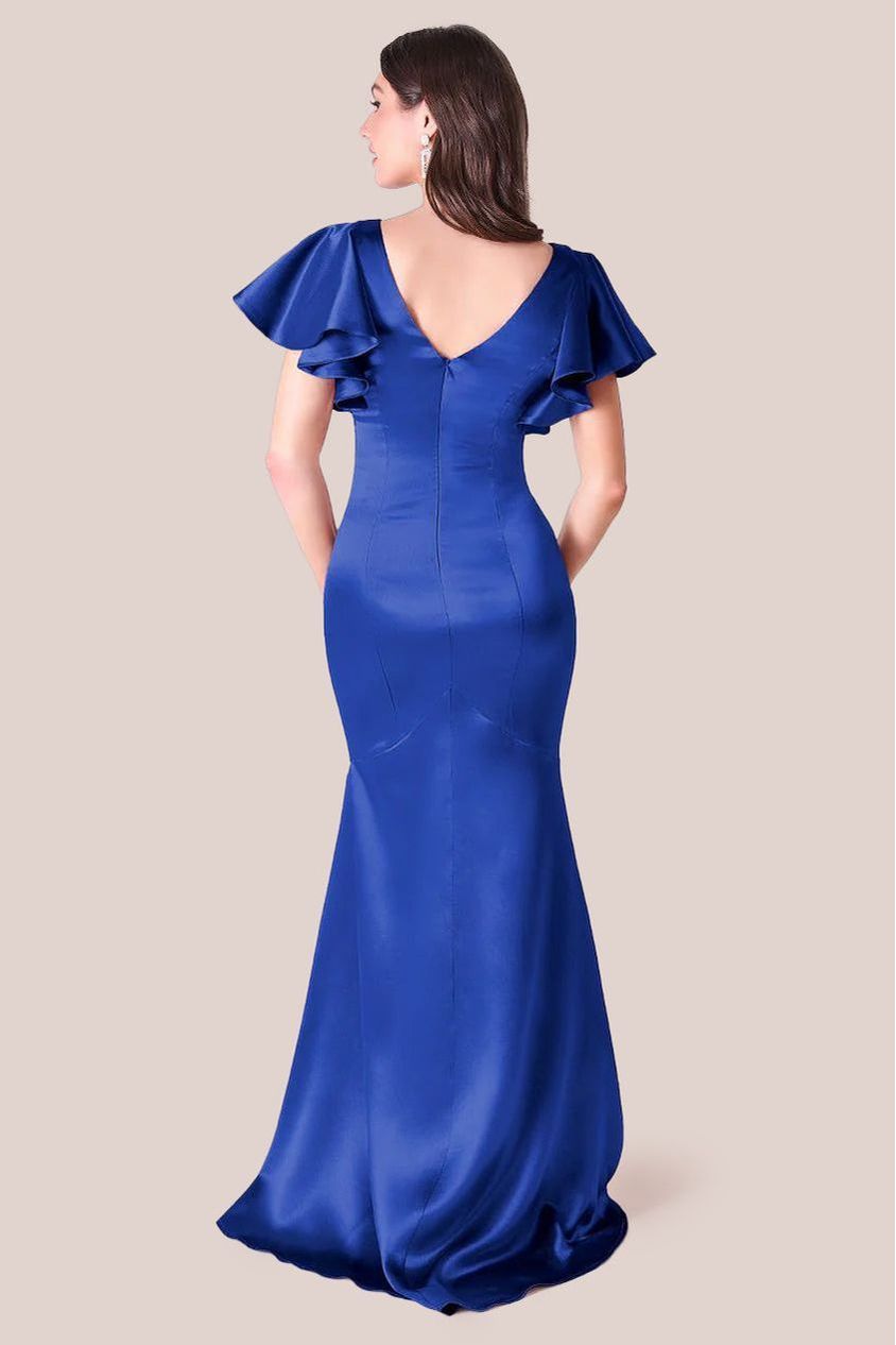 Goddiva Satin Flutter Sleeve Mermaid Maxi - Navy