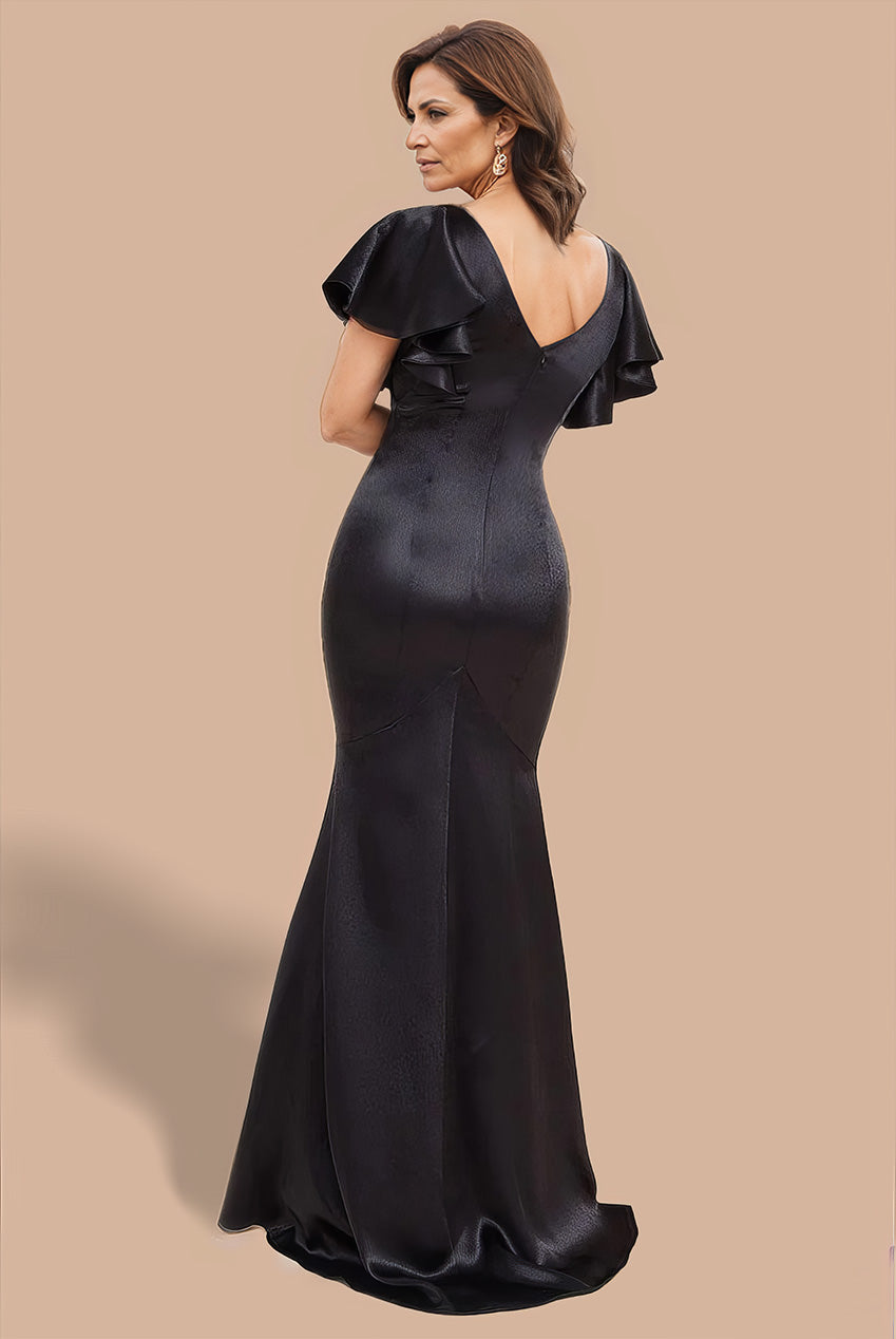 Goddiva Satin Flutter Sleeve Mermaid Maxi - Black