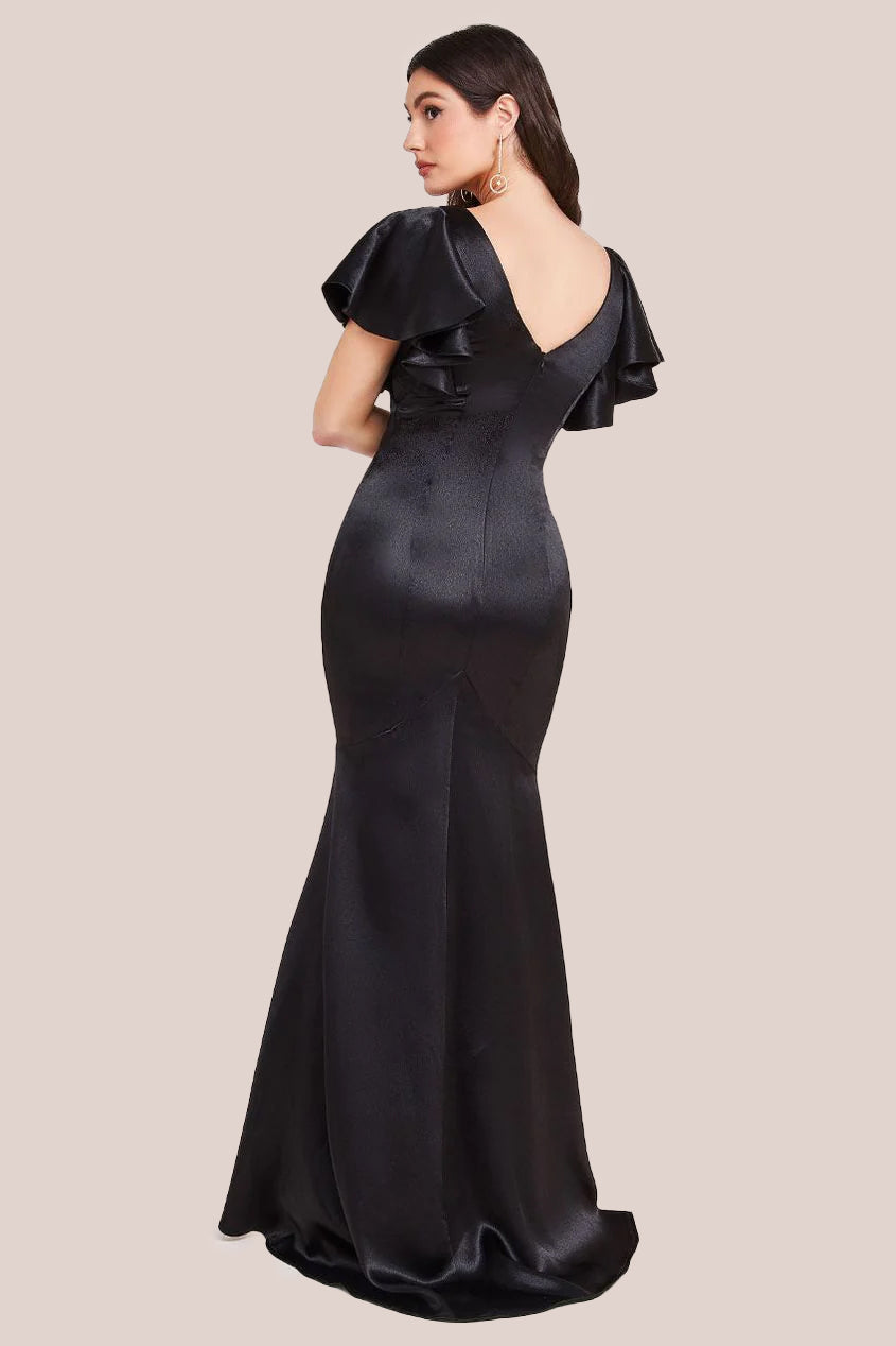 Goddiva Satin Flutter Sleeve Mermaid Maxi - Black