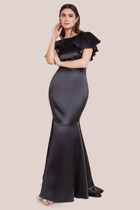 Goddiva Satin Flutter Sleeve Mermaid Maxi - Black