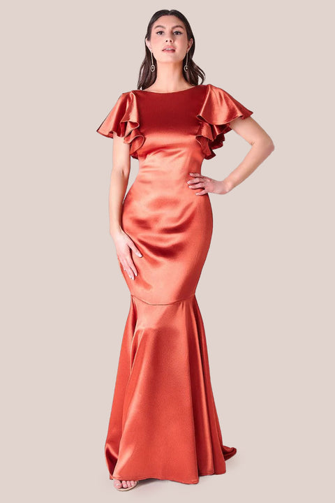 Goddiva Satin Flutter Sleeve Mermaid Maxi - Burntorange