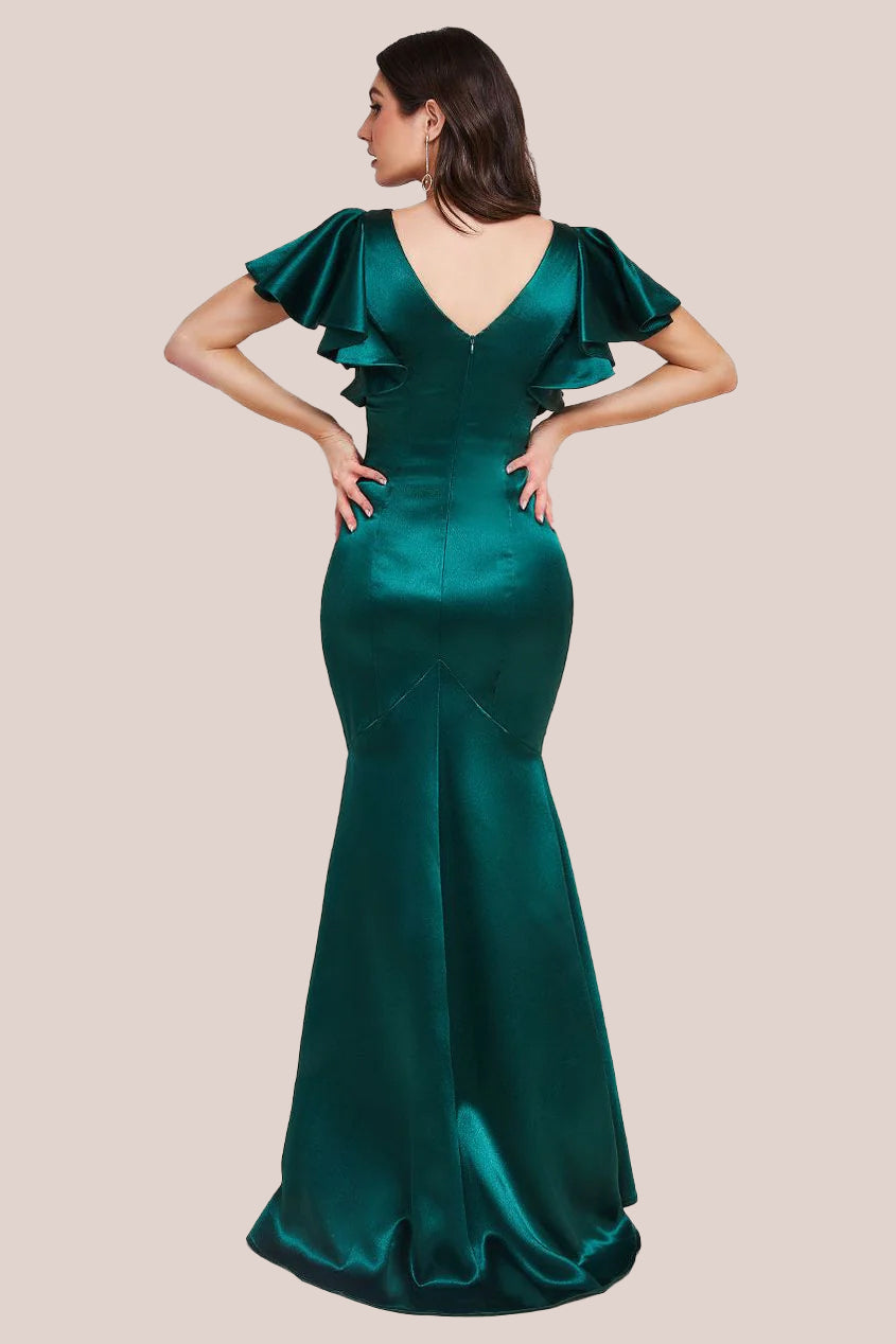 Goddiva Satin Flutter Sleeve Mermaid Maxi - Emerald