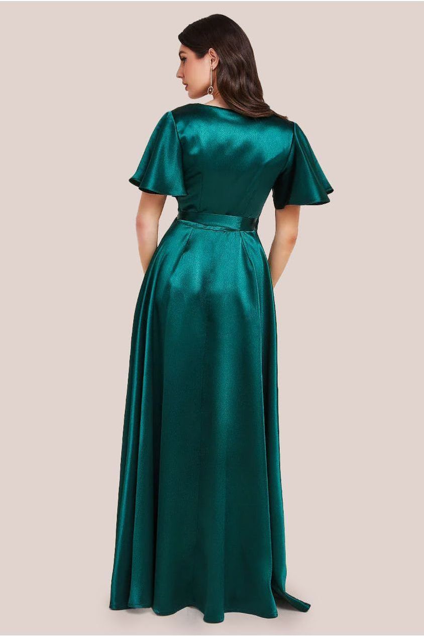 Goddiva Flutter Sleeve Wrapover Satin Maxi Dress - Emerald Green