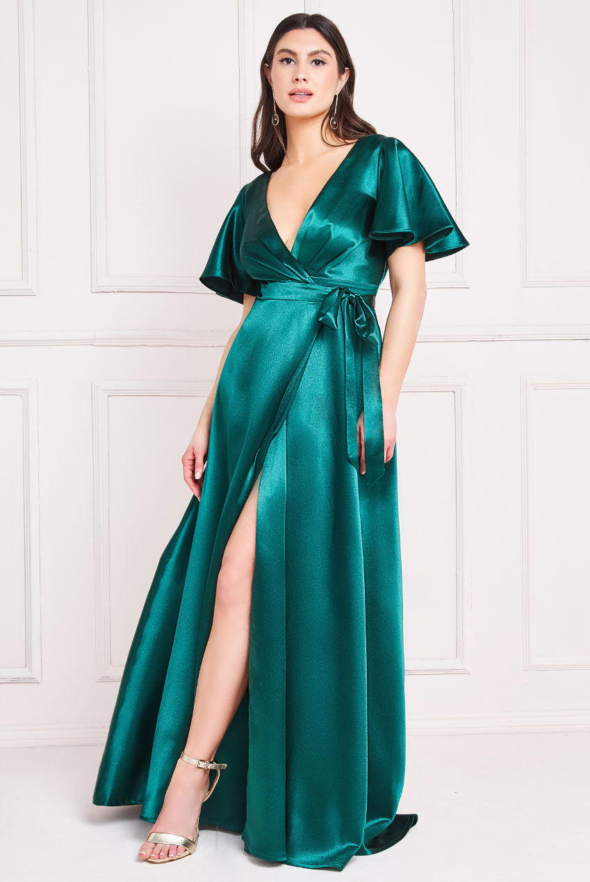 Goddiva Flutter Sleeve Wrapover Satin Maxi Dress - Emerald Green