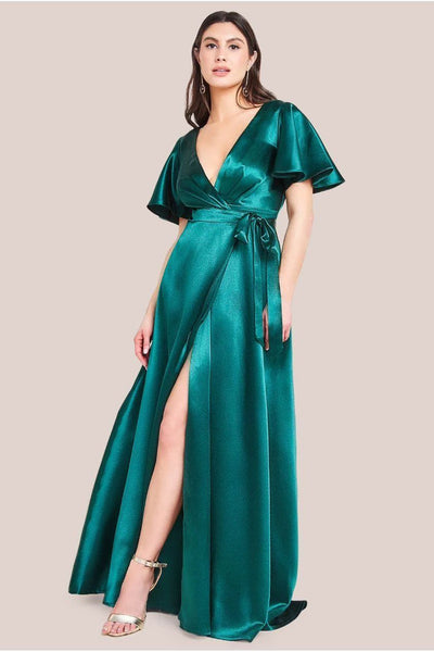 Emerald - Goddiva Flutter Sleeve Wrapover Satin Maxi Dress - Emerald Green