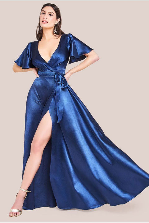 Goddiva Flutter Sleeve Wrapover Satin Maxi Dress - Navy