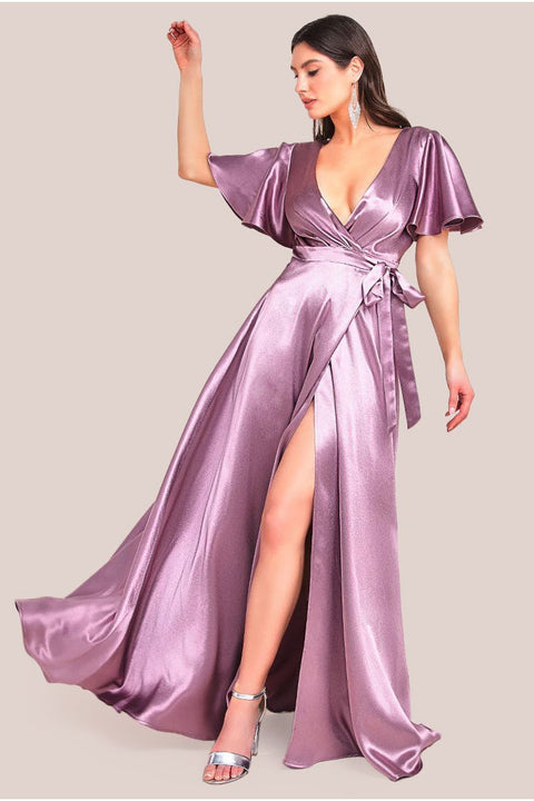 Goddiva Flutter Sleeve Wrapover Satin Maxi Dress - Rose Pink