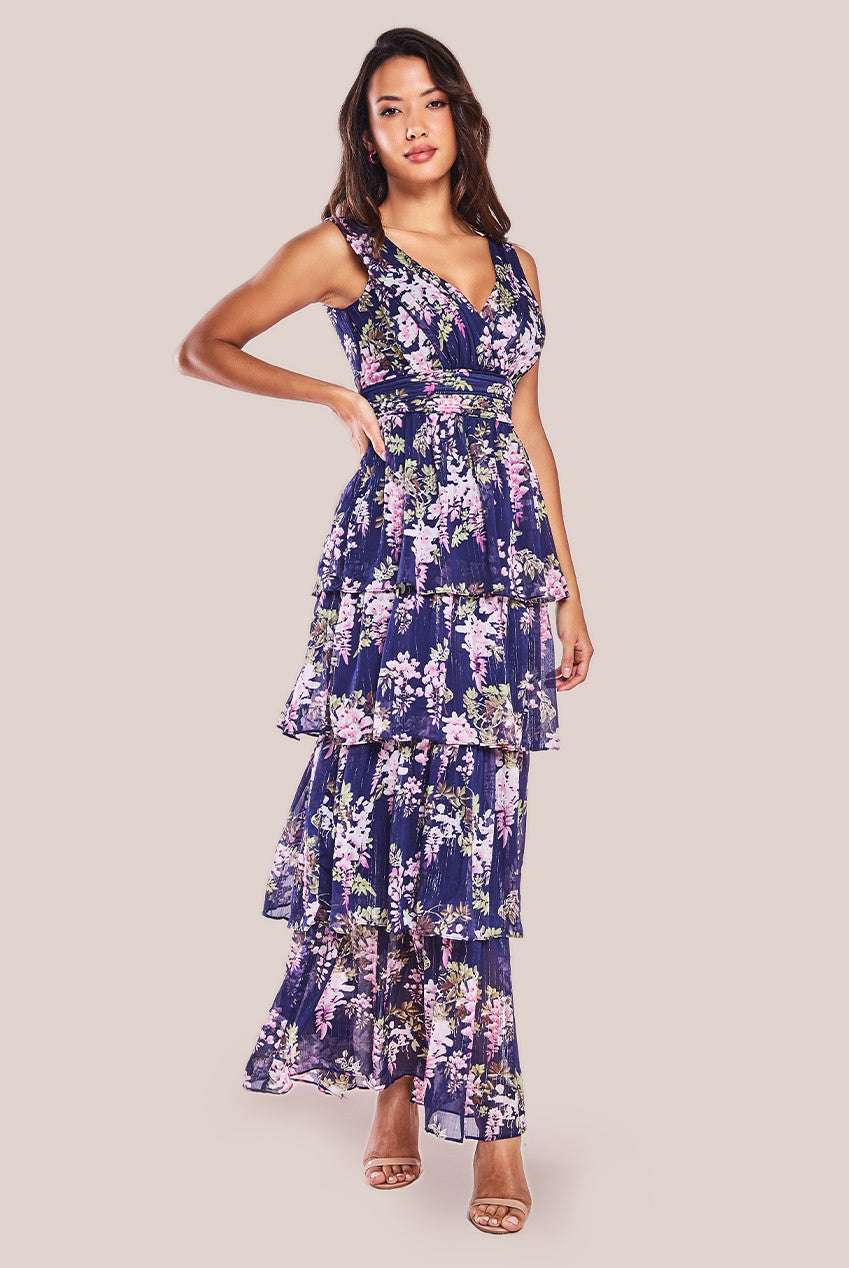 Goddiva Multilayered Chiffon Maxi Dress - Navy Floral