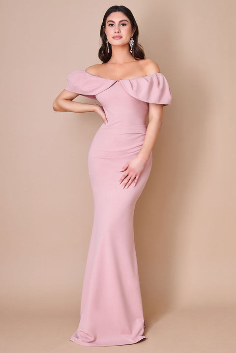 Goddiva Scuba Crepe Pleated Bardot Maxi - Blush