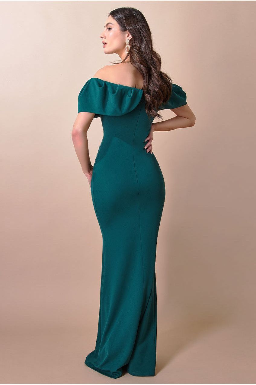 Goddiva Scuba Crepe Pleated Bardot Maxi - Emerald Green