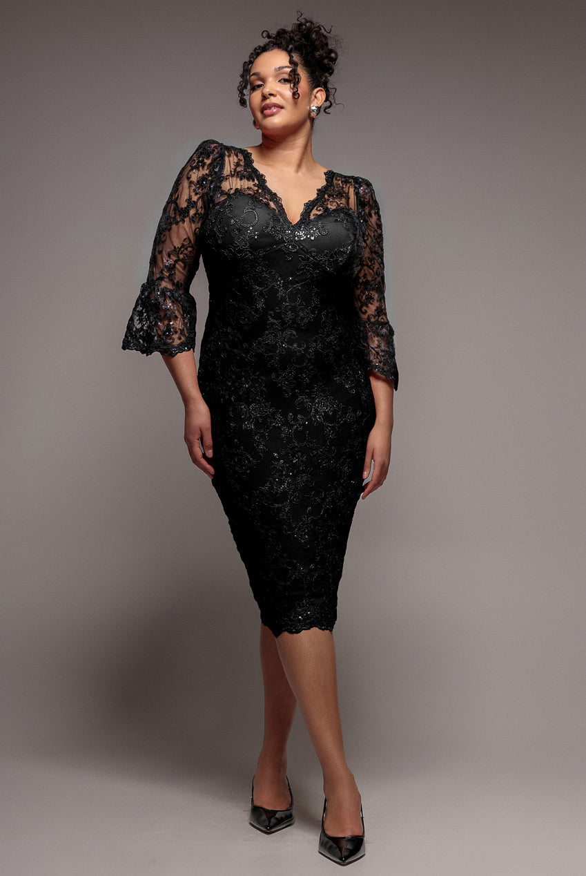 Goddiva Plus Scallop Lace Midi Dress - Black