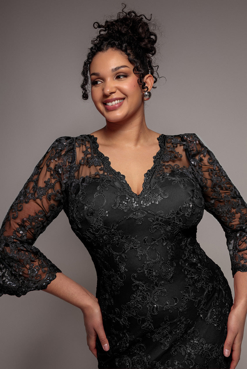 Goddiva Plus Scallop Lace Midi Dress - Black