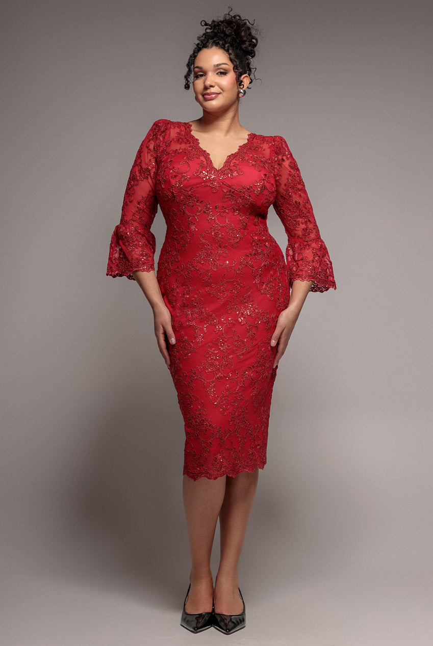 Goddiva Plus Scallop Lace Midi Dress- Red
