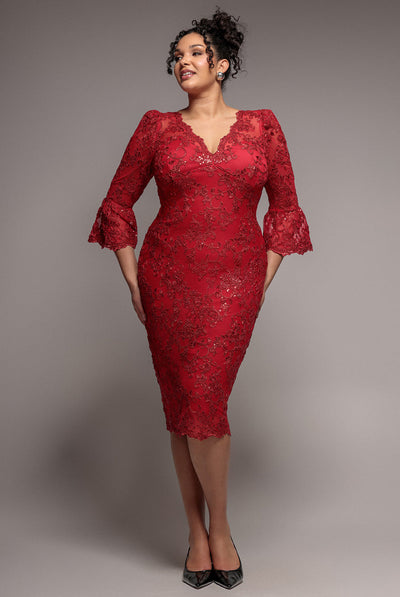 Goddiva Plus Scallop Lace Midi Dress- Red