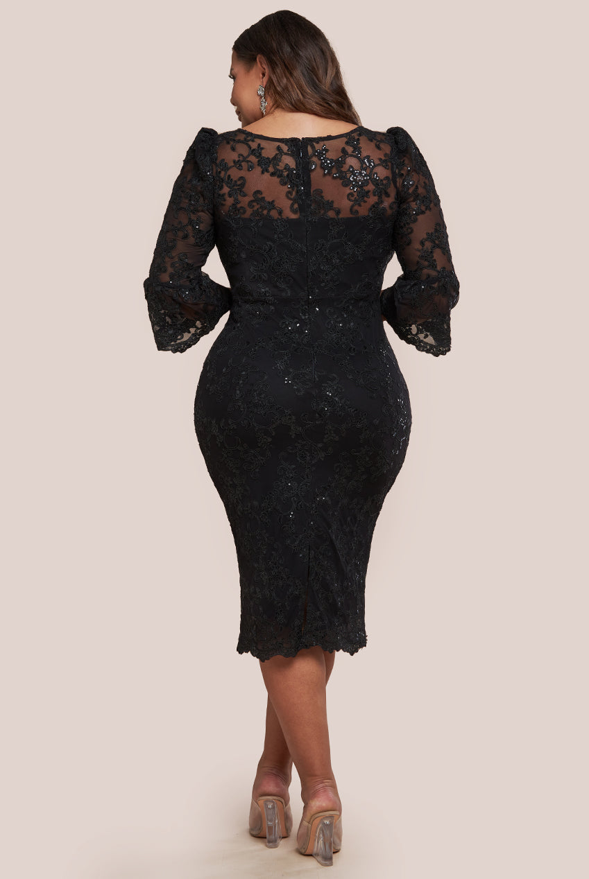 Goddiva Plus Scallop Lace Midi Dress - Black