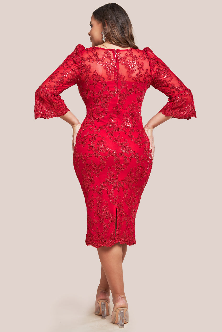 Goddiva Plus Scallop Lace Midi Dress- Red