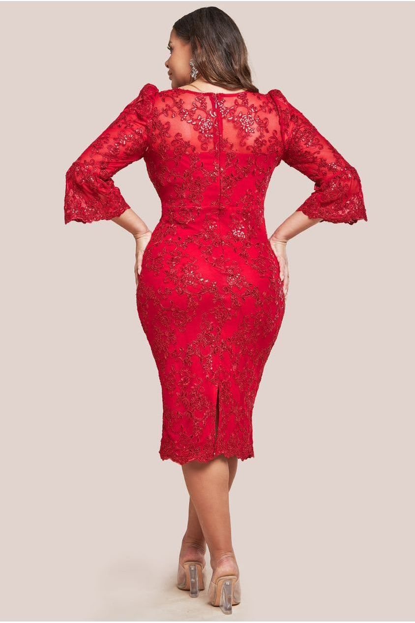 Goddiva Plus Scallop Lace Midi Dress- Red