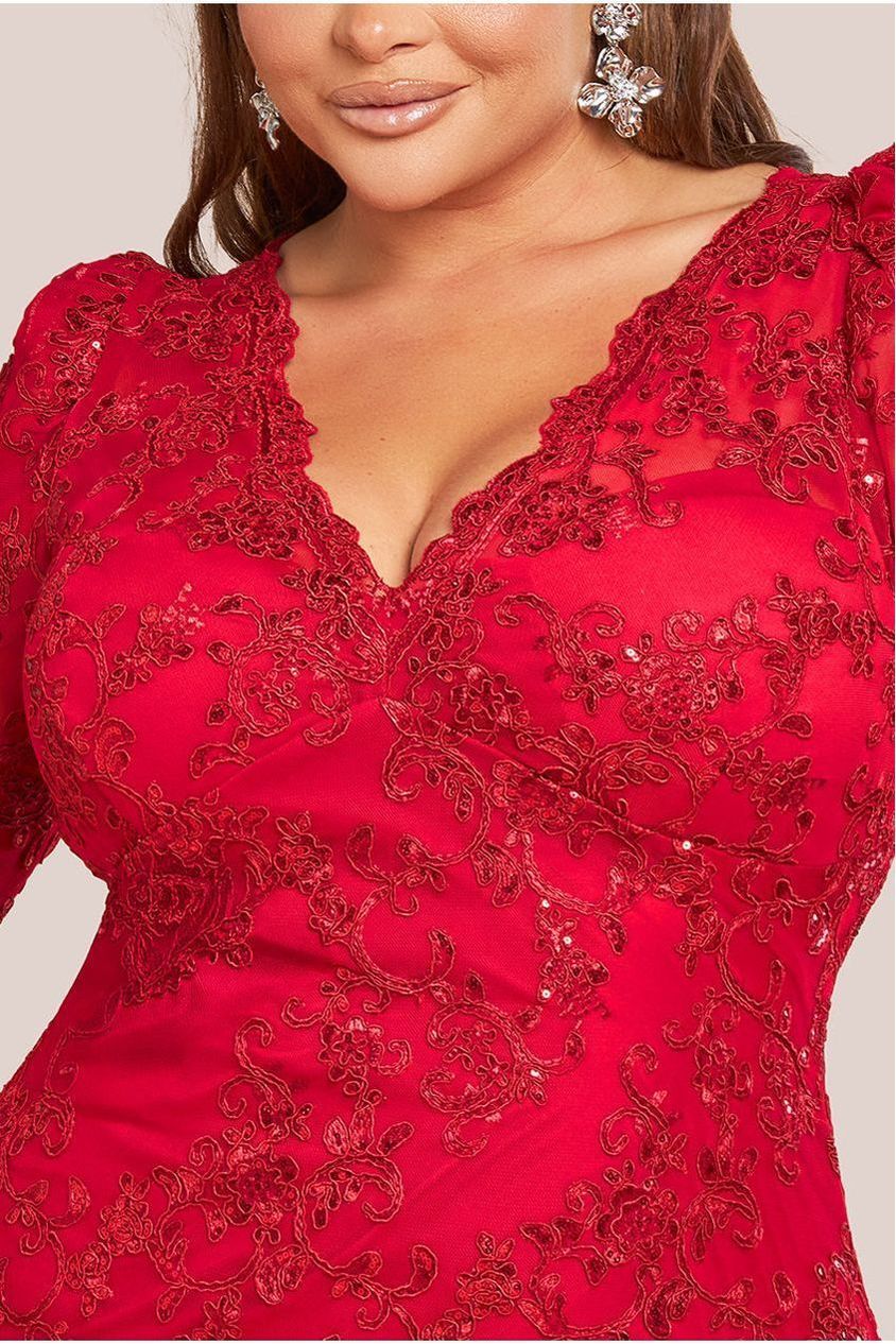 Goddiva Plus Scallop Lace Midi Dress- Red