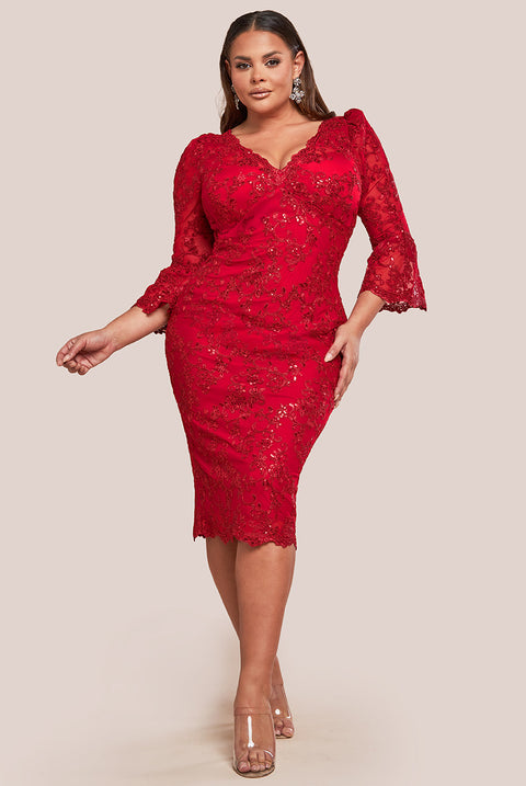 Goddiva Plus Scallop Lace Midi Dress- Red