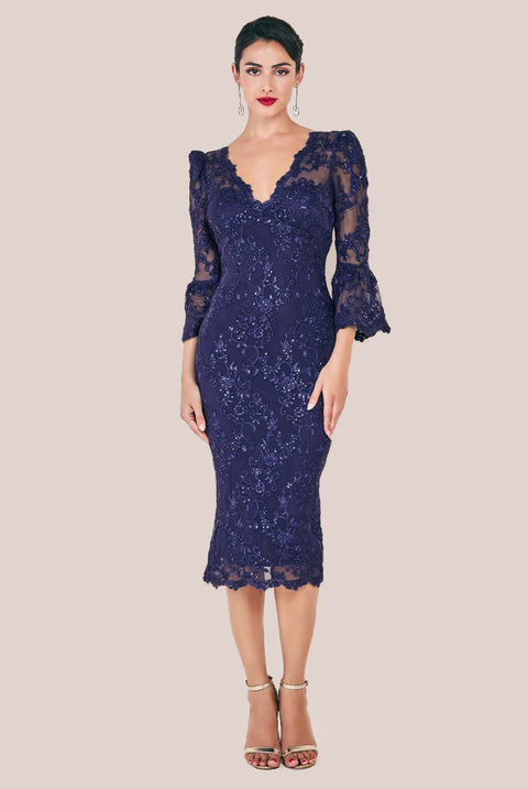 Goddiva Sequin Scallop Lace Midi Dress - Navy