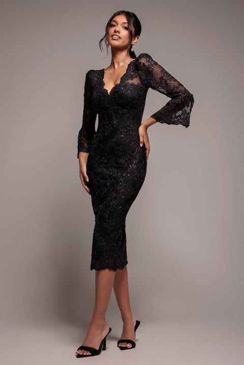 Goddiva Sequin Scallop Lace Midi Dress - Black