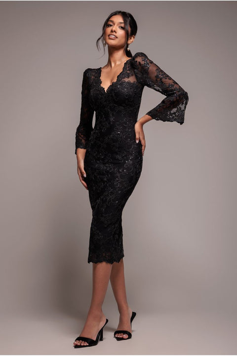 Goddiva Sequin Scallop Lace Midi Dress - Black