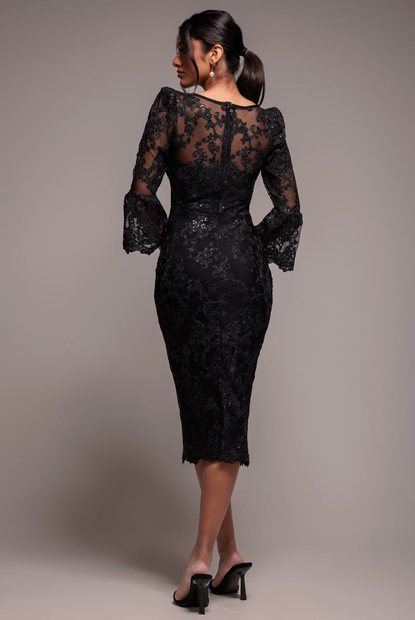 Goddiva Sequin Scallop Lace Midi Dress - Black