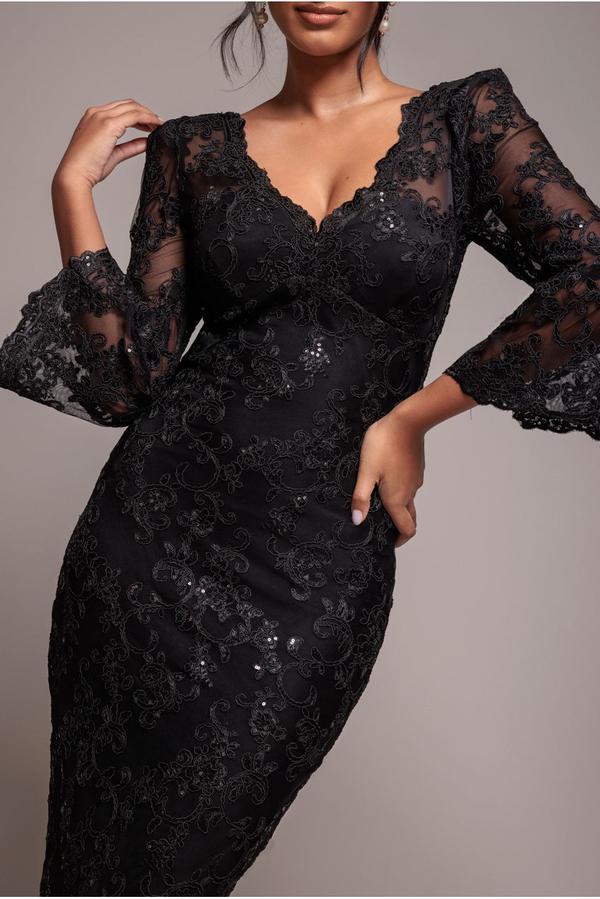 Sequin Scallop Lace Midi Dress - Black | Goddiva US Sequin Scallop Lace Midi Dress - Black | Goddiva US