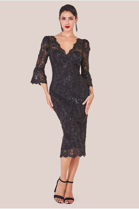 Goddiva Sequin Scallop Lace Midi Dress - Black