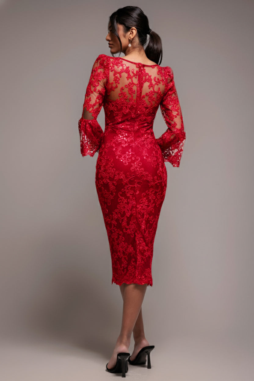 Goddiva Sequin Scallop Lace Midi Dress - Red