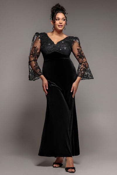 Black - Goddiva Plus Scalloped Lace & Velvet Maxi Dress - Black