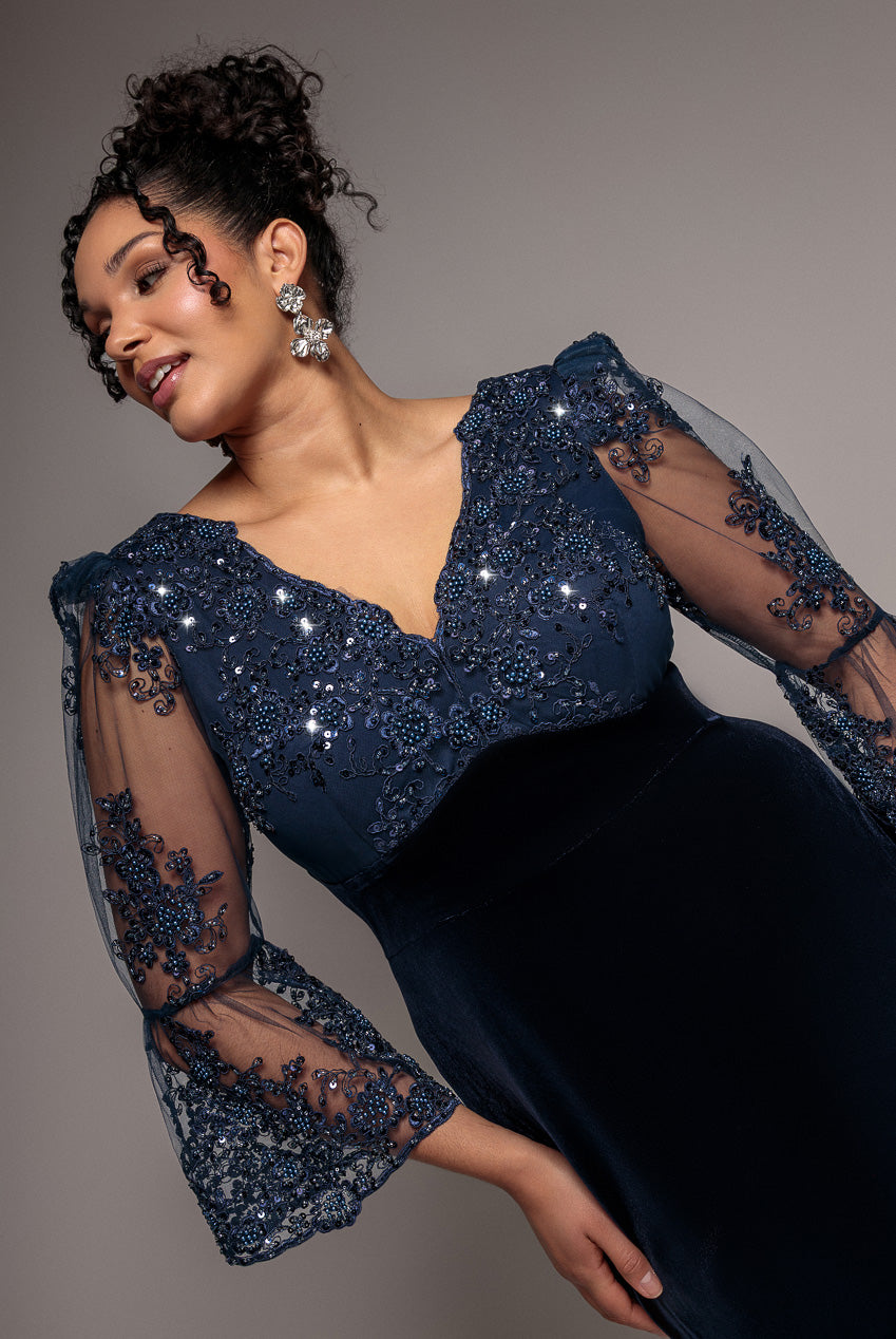 Goddiva Plus Scalloped Lace & Velvet Maxi Dress - Navy