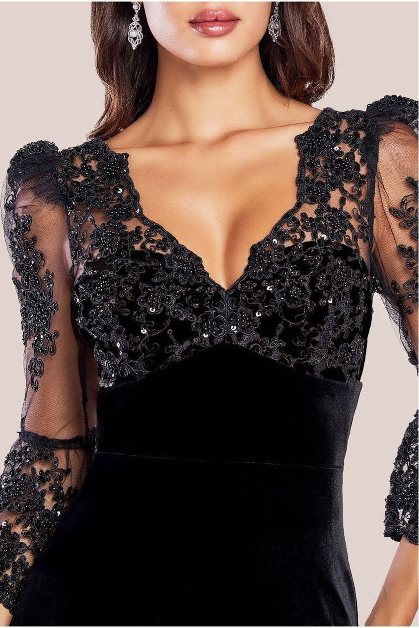 Goddiva Scalloped Lace & Velvet Maxi Dress - Solid Black