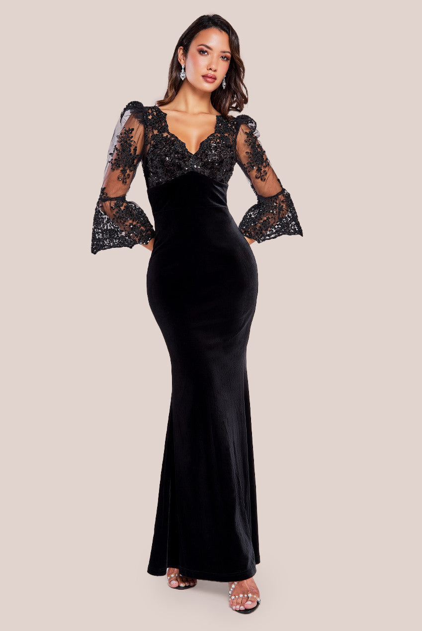 Goddiva Scalloped Lace & Velvet Maxi Dress - Solid Black