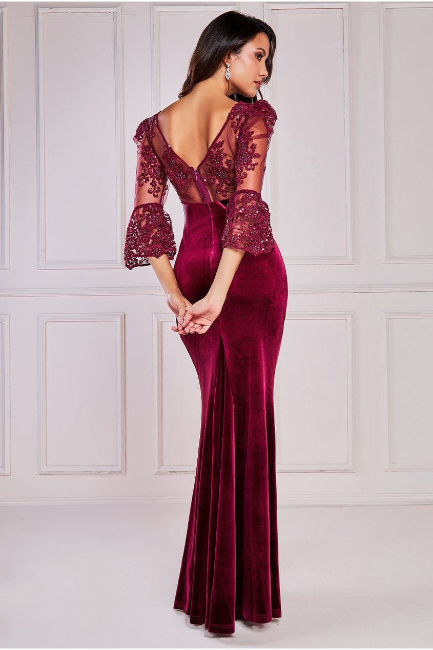 Goddiva Scalloped Lace & Velvet Maxi Dress - Burgundy