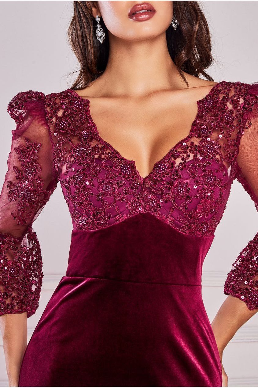 Goddiva Scalloped Lace & Velvet Maxi Dress - Burgundy