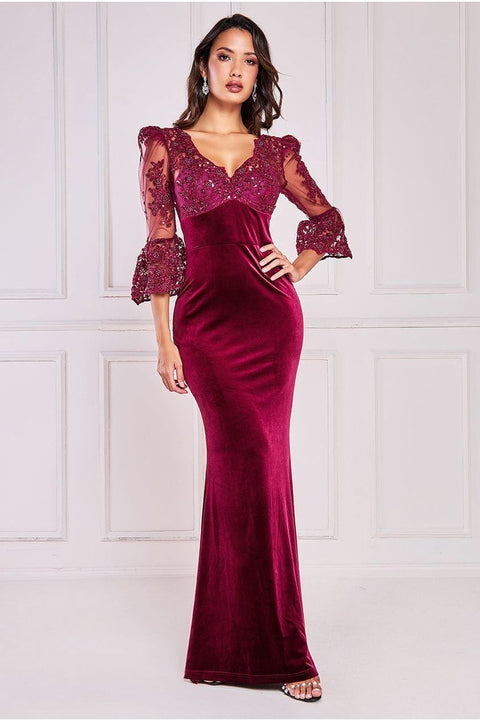 Goddiva Scalloped Lace & Velvet Maxi Dress - Burgundy