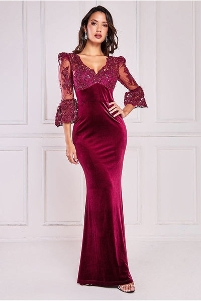 Burgundy - Goddiva Scalloped Lace & Velvet Maxi Dress - Burgundy