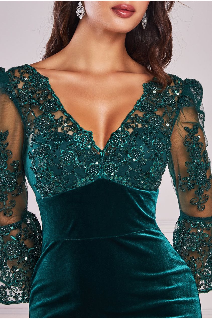 Goddiva Scalloped Lace & Velvet Maxi Dress - Emerald Green