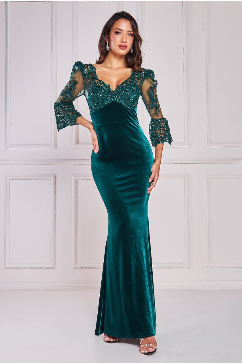 Goddiva Scalloped Lace & Velvet Maxi Dress - Emerald Green